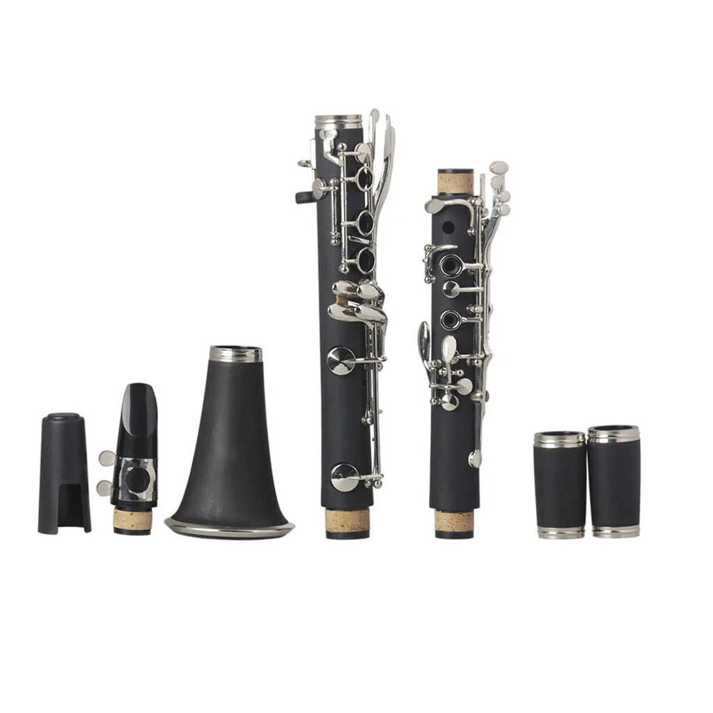 Black beginner B-flat clarinet with 17 nickel keys and a Bakelite body next to its carrying bag.