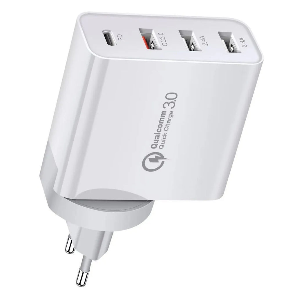 A white or black multi-port USB fast charger with PD and QC ports on a table.