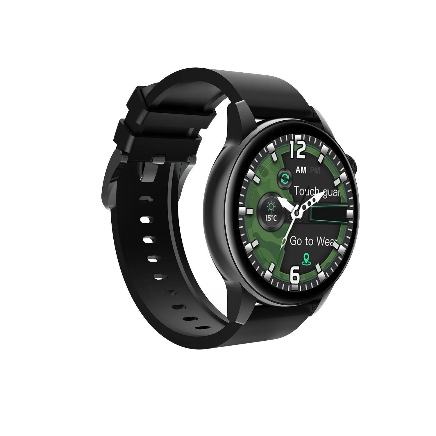Stainless steel smart watch with 1.30-inch colour screen showing time and notifications in black finish
