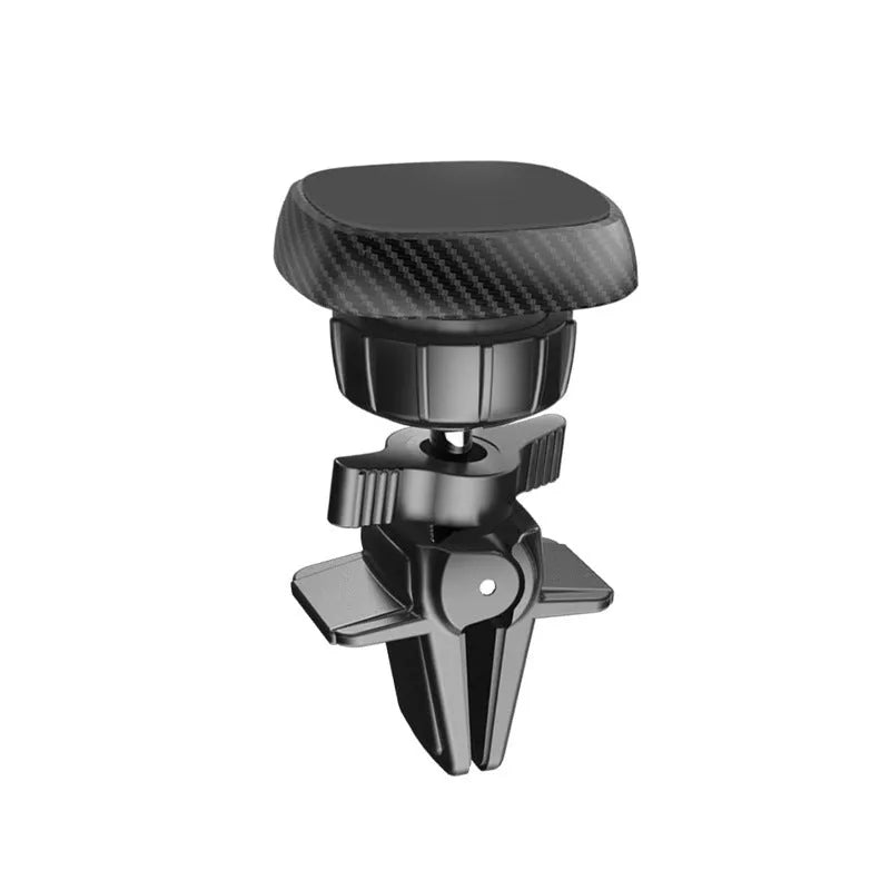 Black magnetic car phone holder mounted on air conditioning vent with round head baffle design