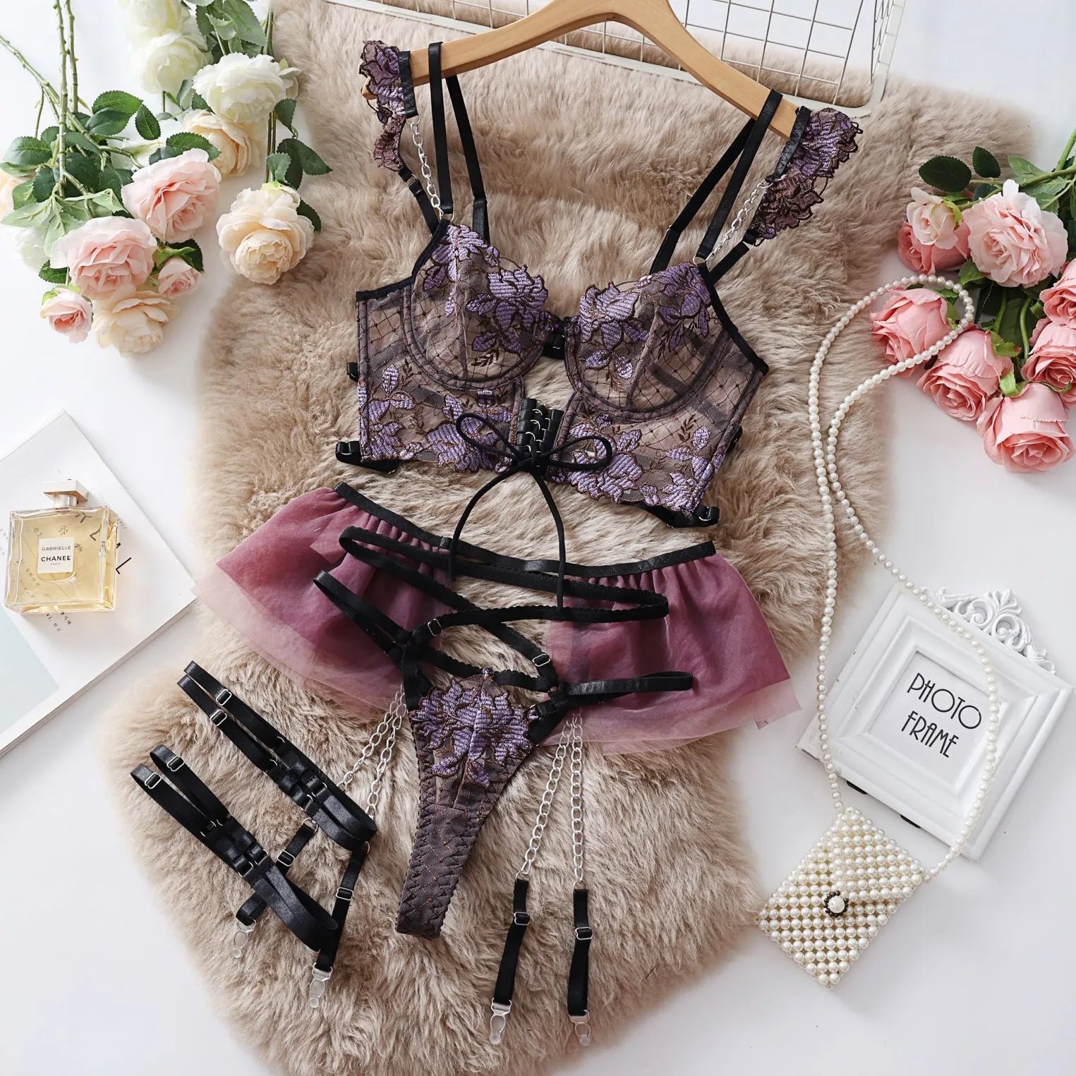 Light blue transparent push up bra with embroidered lace detailing and matching underwear