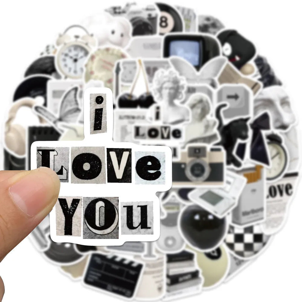 61 black and white coffee and tea themed PVC vinyl stickers for decoration.