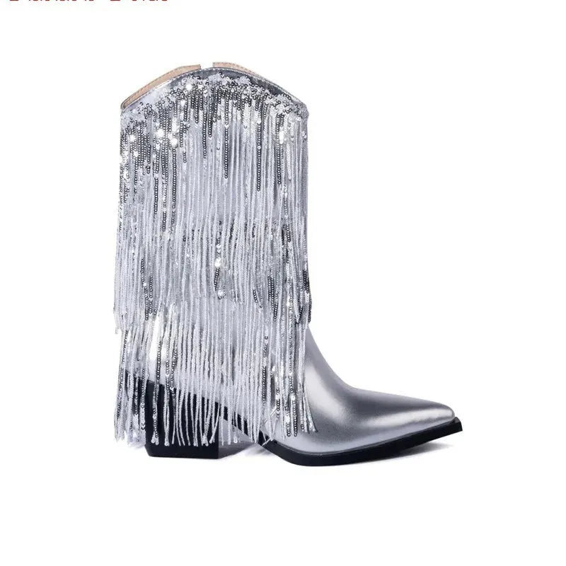 Women's black chunky heel tassel ankle boots with a pointed toe and high stiletto heel.