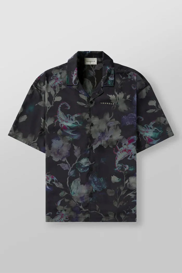 Men's loose floral print short-sleeve casual top in light colour on hanger