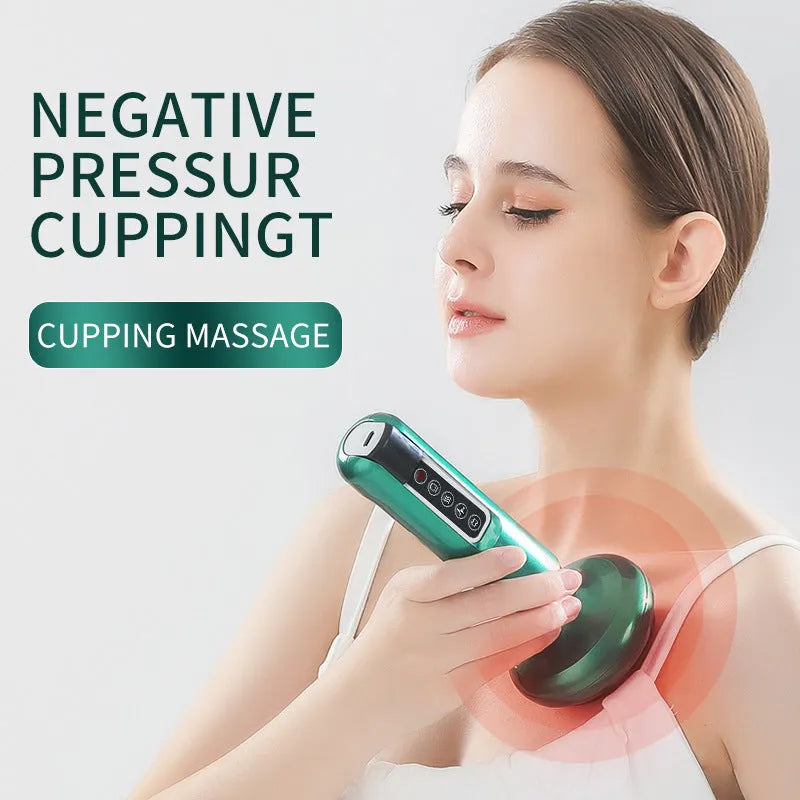 Green electric vacuum cupping massager device with USB cable on a white background