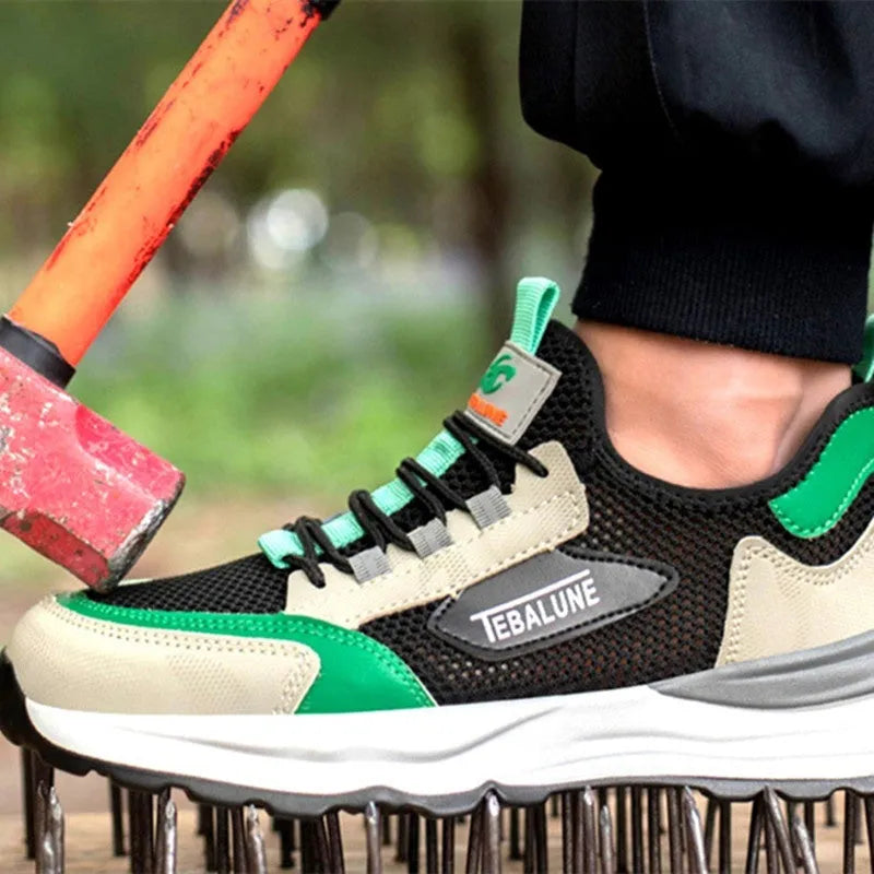 Black and green men's low-top steel toe safety shoes with a mesh upper and plastic toe cap.