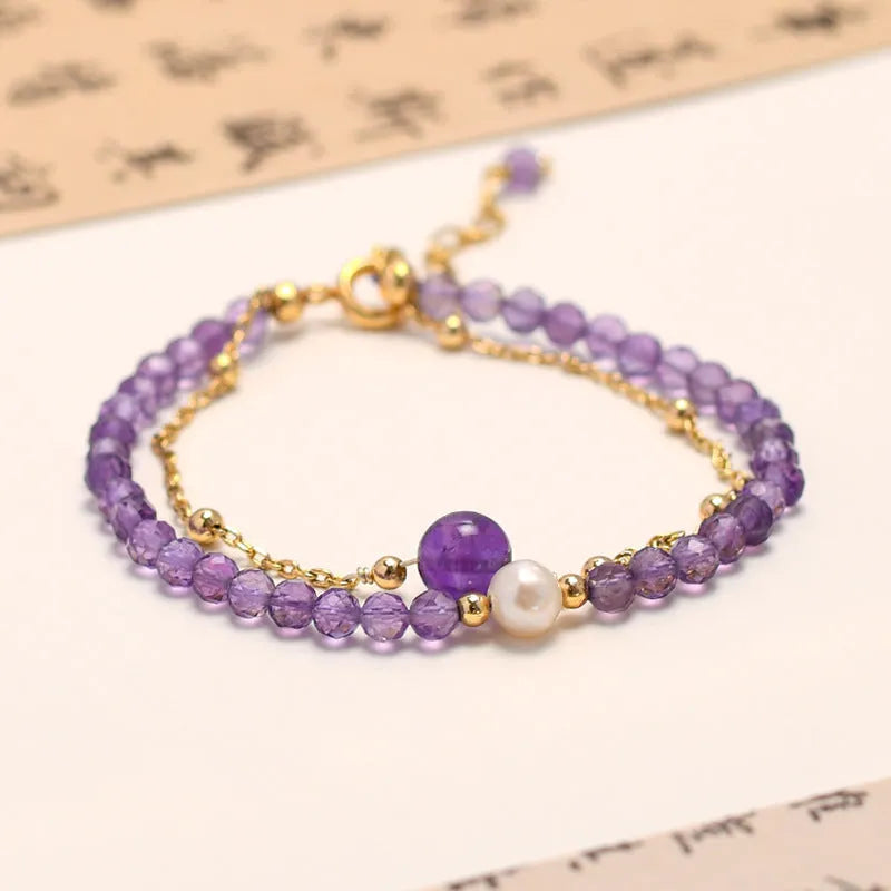 Women's amethyst bracelet with genuine pearls and crystal stones in Chinese-style design