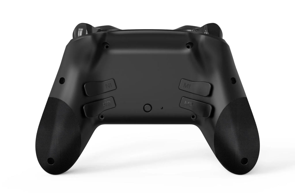 Black wireless game controller with leather-texture grips on ABS plastic shell, showing type-C port.