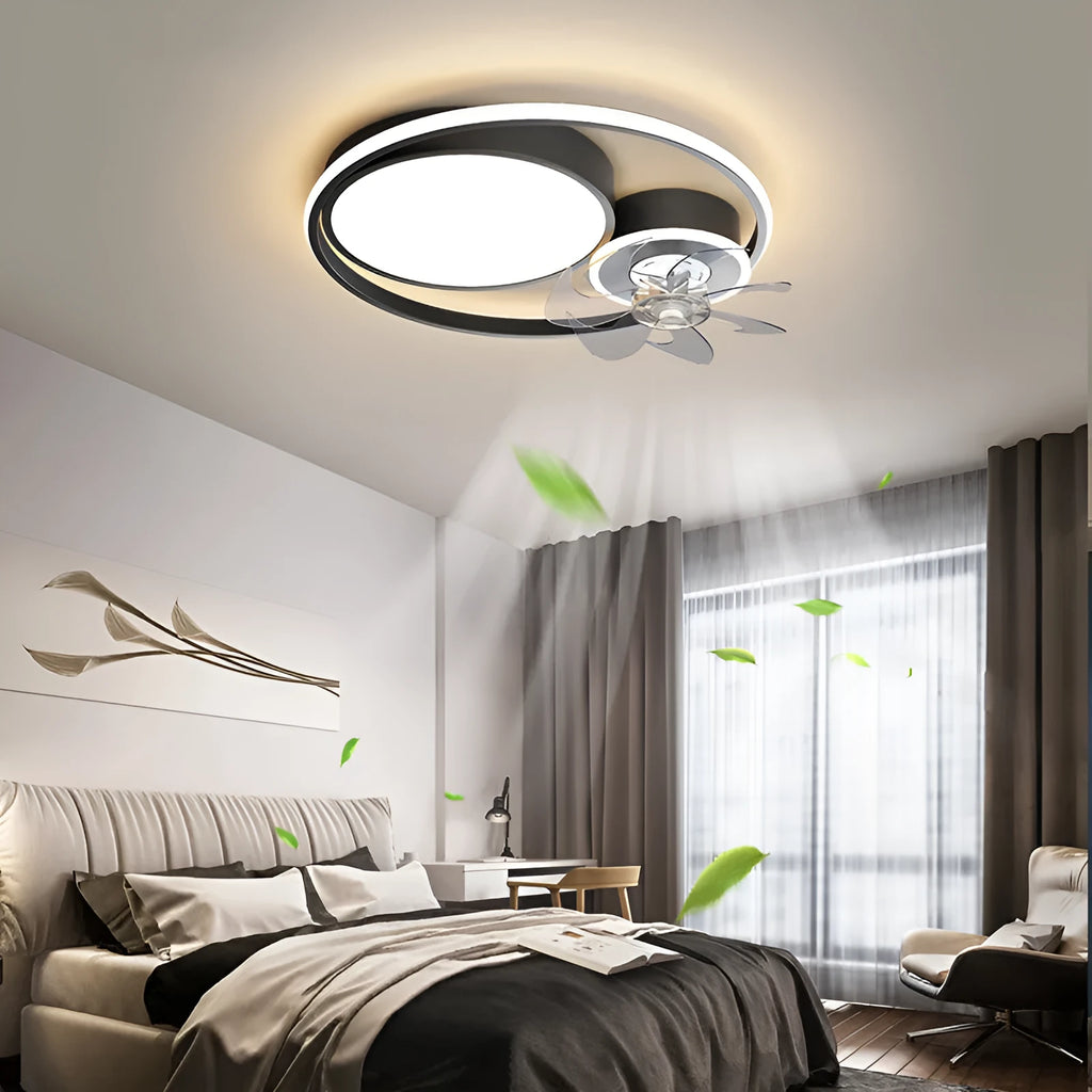 Nordic style 48cm ceiling fan with integrated light fitting, metal blades, acrylic lampshade.