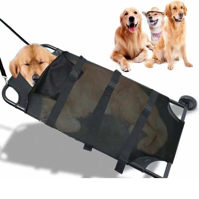 Large black aluminium alloy folding stretcher for dog emergency transport.