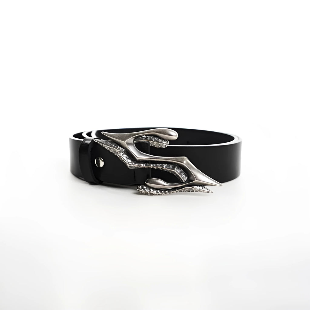 Black two-layer cowhide men's leather belt with a metal letter buckle, shown at 110cm length.