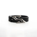 Black two-layer cowhide men's leather belt with a metal letter buckle, shown at 110cm length.