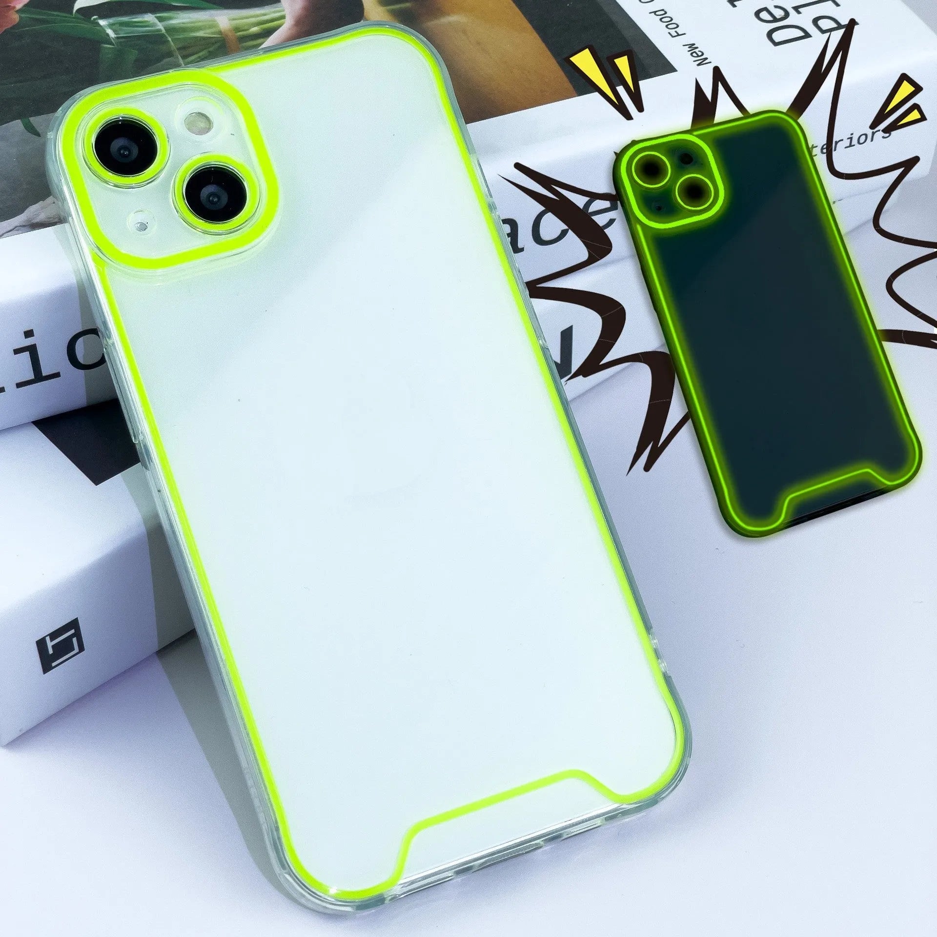 Glow in the dark green Christmas phone case for iPhone on a dark background.