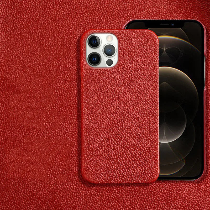 Genuine leather brown iPhone protective case showing half-coverage design on an iPhone.
