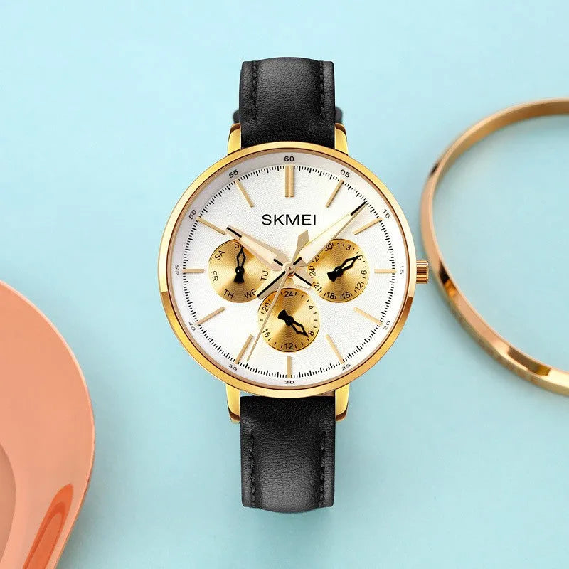 Women's retro round quartz watch with genuine leather strap, rose gold case, black strap, 38mm dial