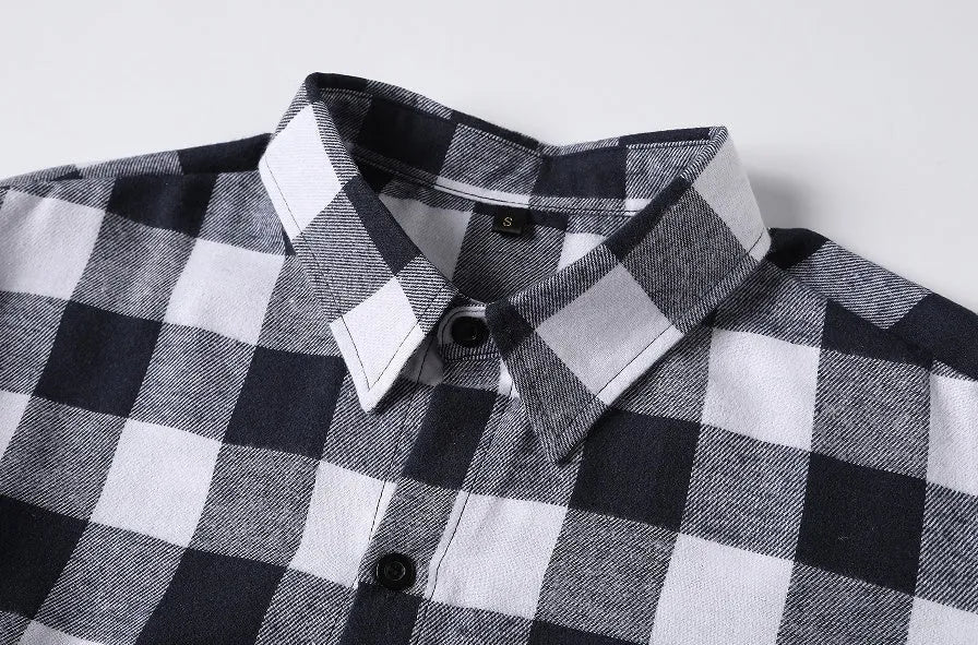 Men's blue checked long-sleeved casual shirt with fitted cut, shown as a layering top for daily and streetwear outfits.
