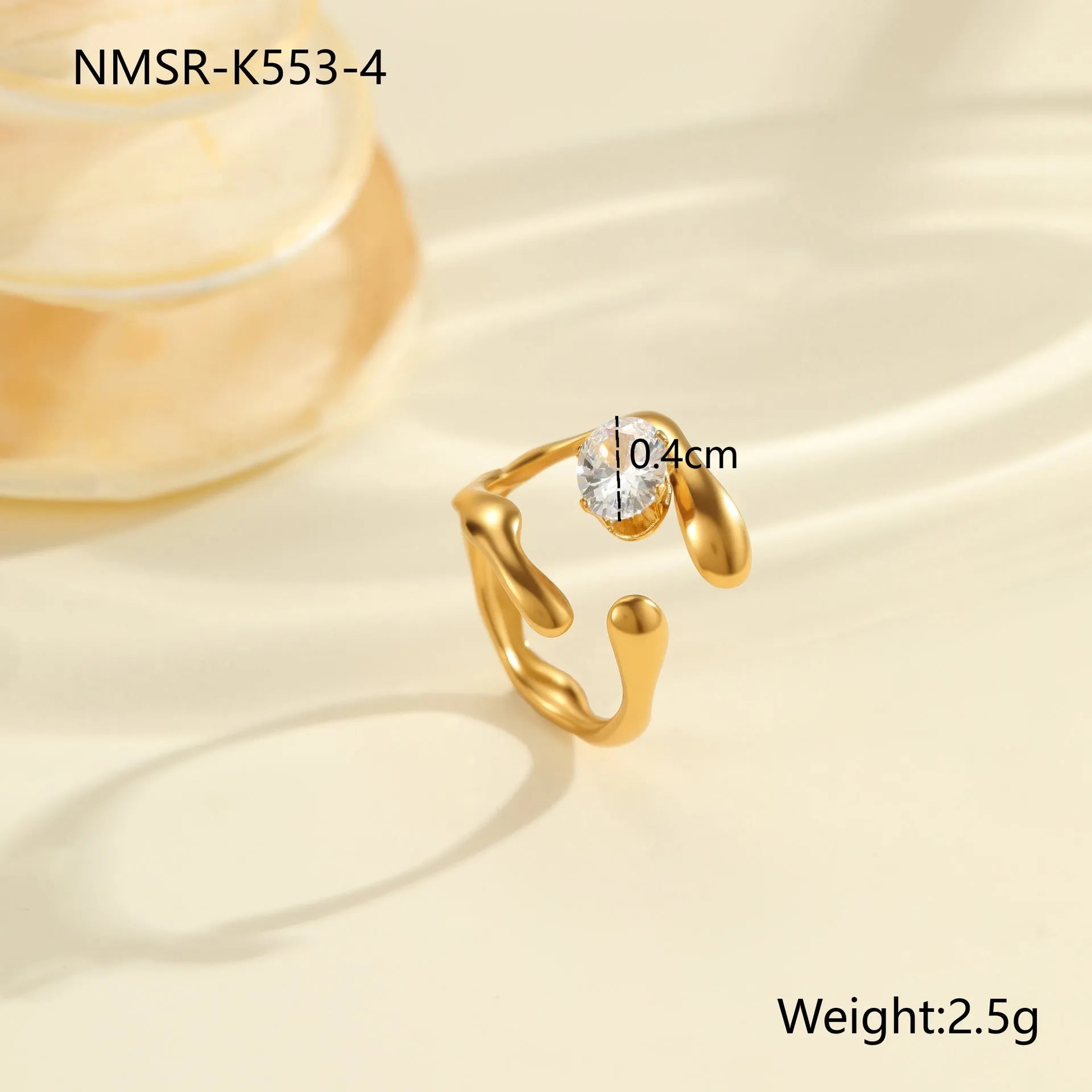 Geometric stainless steel ring with open mouth adjustable design and faceted zircon centrepiece