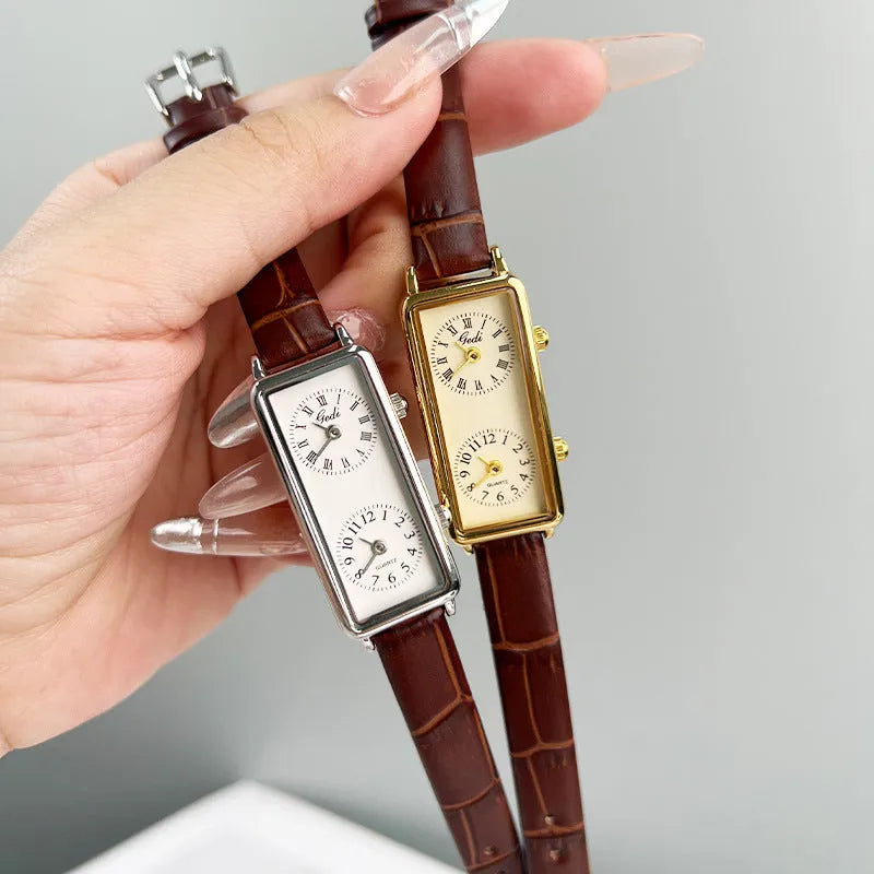 Women's double time zone quartz watch with retro rectangular case, double inserts, and 8.6mm thickness in silver or gold