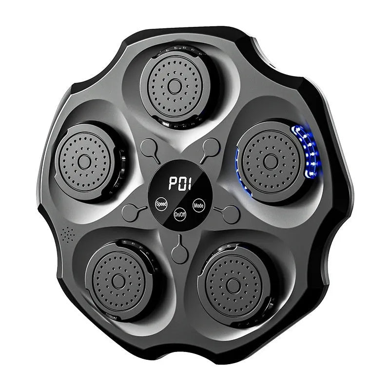 Black Bluetooth boxing wall target with glowing lights, mounted on a wall next to boxing gloves.