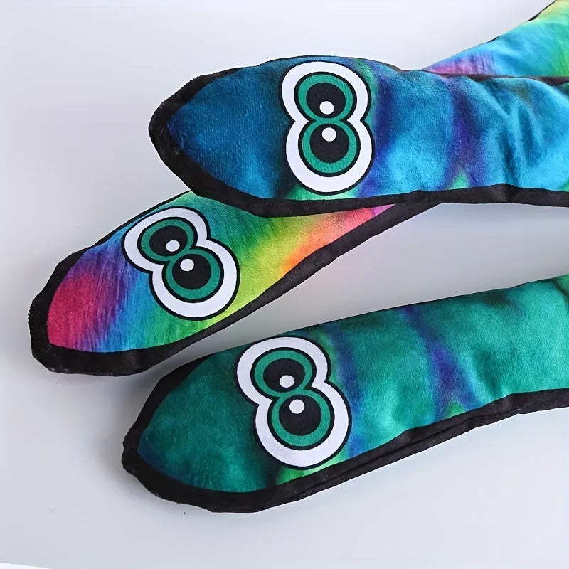 Multicolor stripe print snake plush squeaky toy for dogs on a white background.