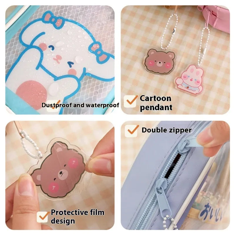 Transparent PVC pencil case with large capacity, featuring a cute Korean-style cartoon bear design.