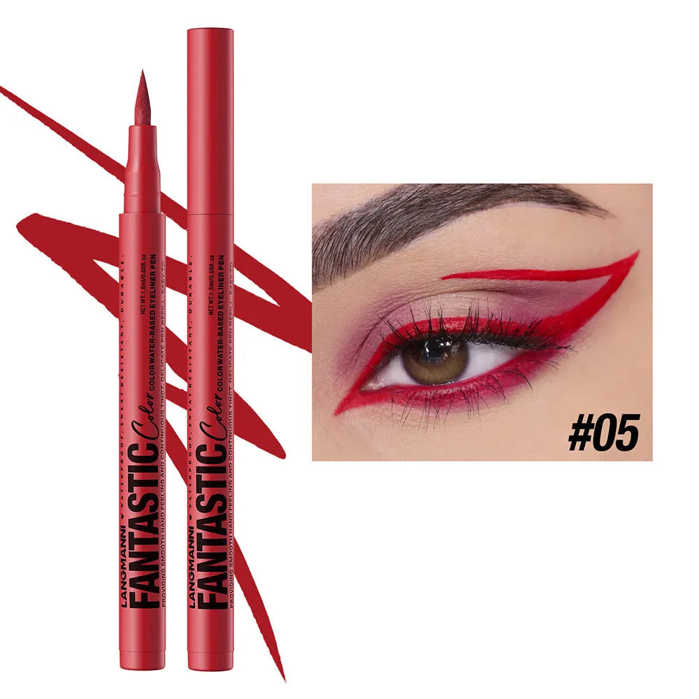 Matte anti-smudge liquid eyeliner in twelve colours including white, gold, purple, brown, blue, and iron grey