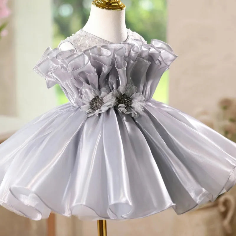 Girls' smoky grey sleeveless polyester princess dress with round neck, short length, slim fit, sizes 90cm to 160cm