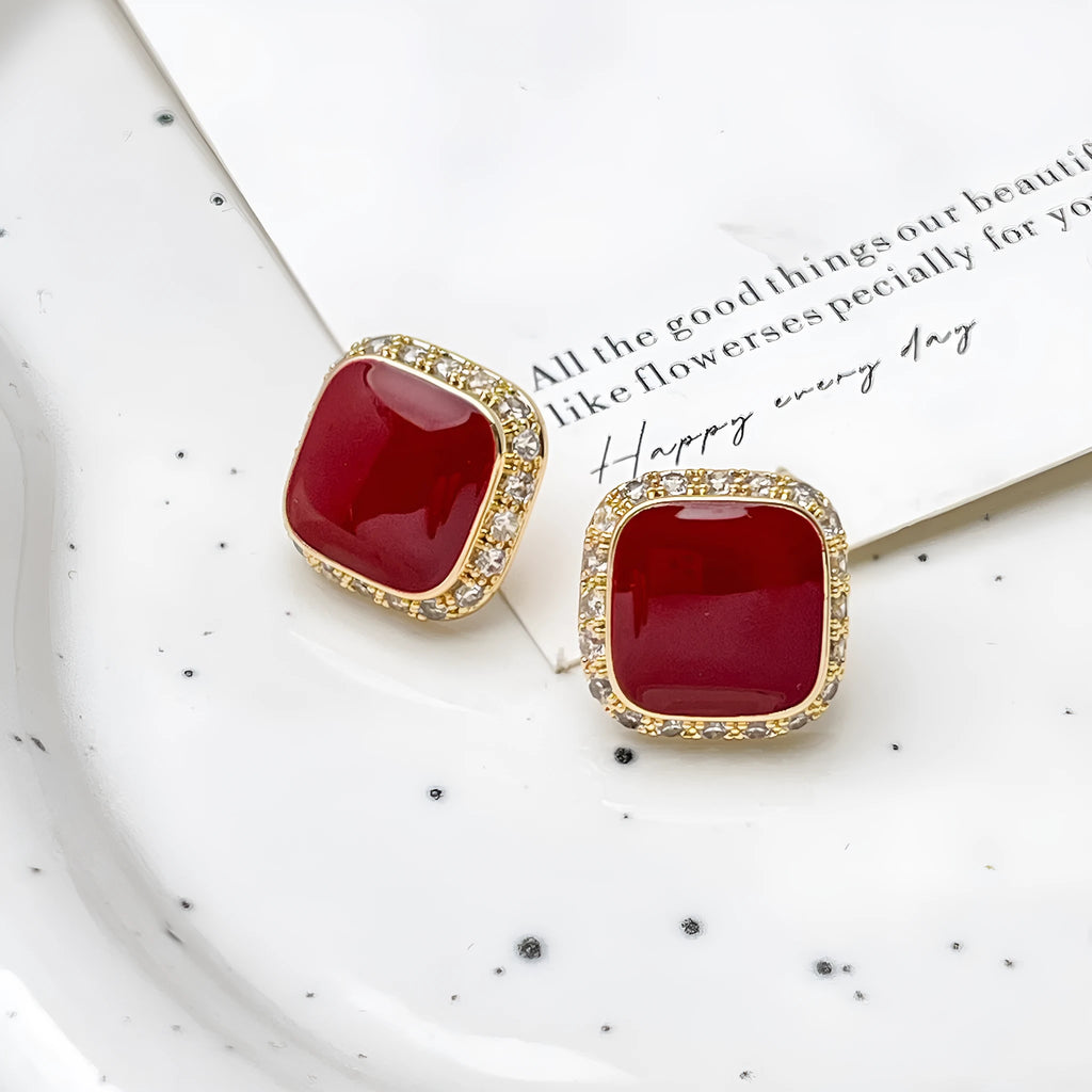 Red alloy earrings with square geometric inlaid design, retro style jewellery for women