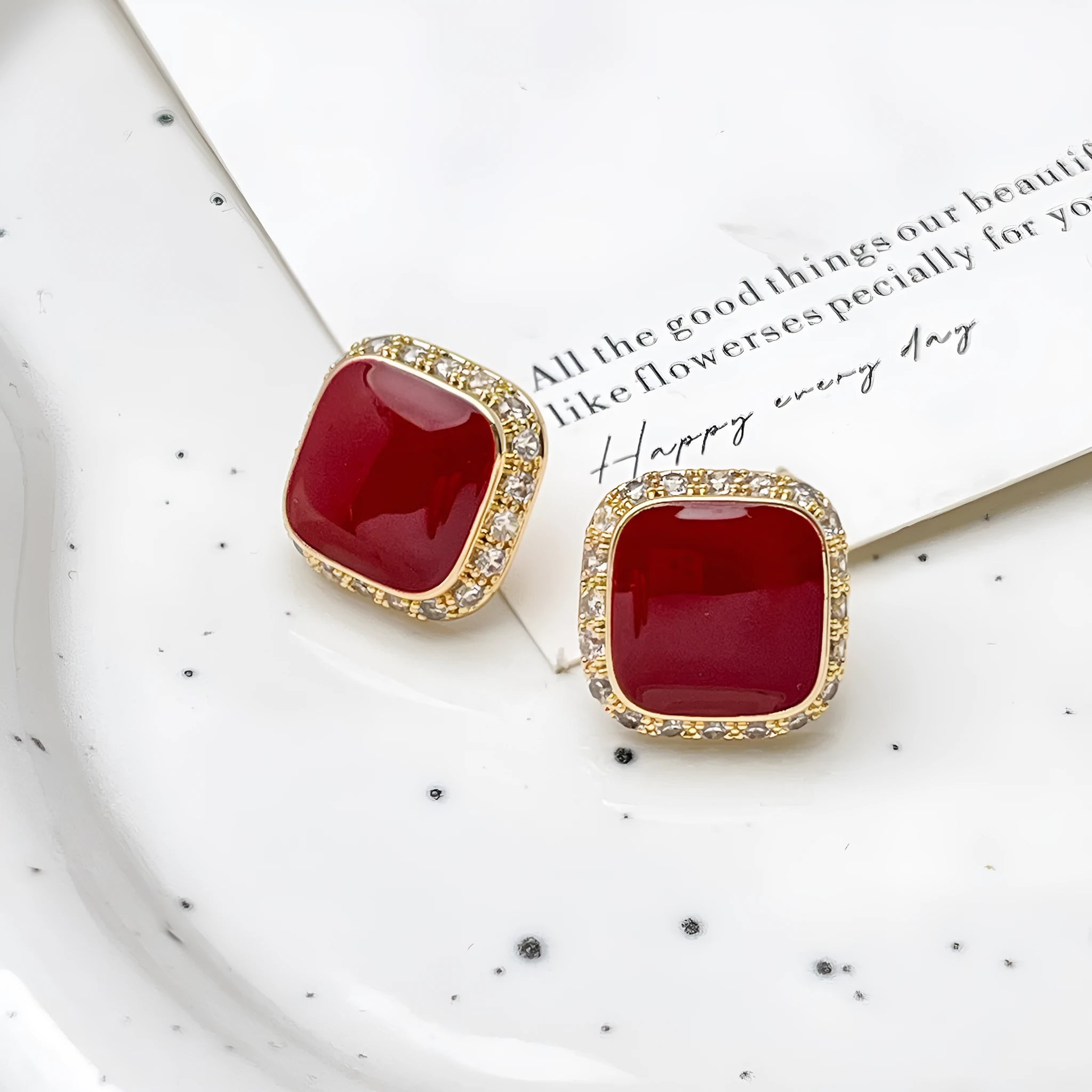 Red alloy earrings with square geometric inlaid design, retro style jewellery for women
