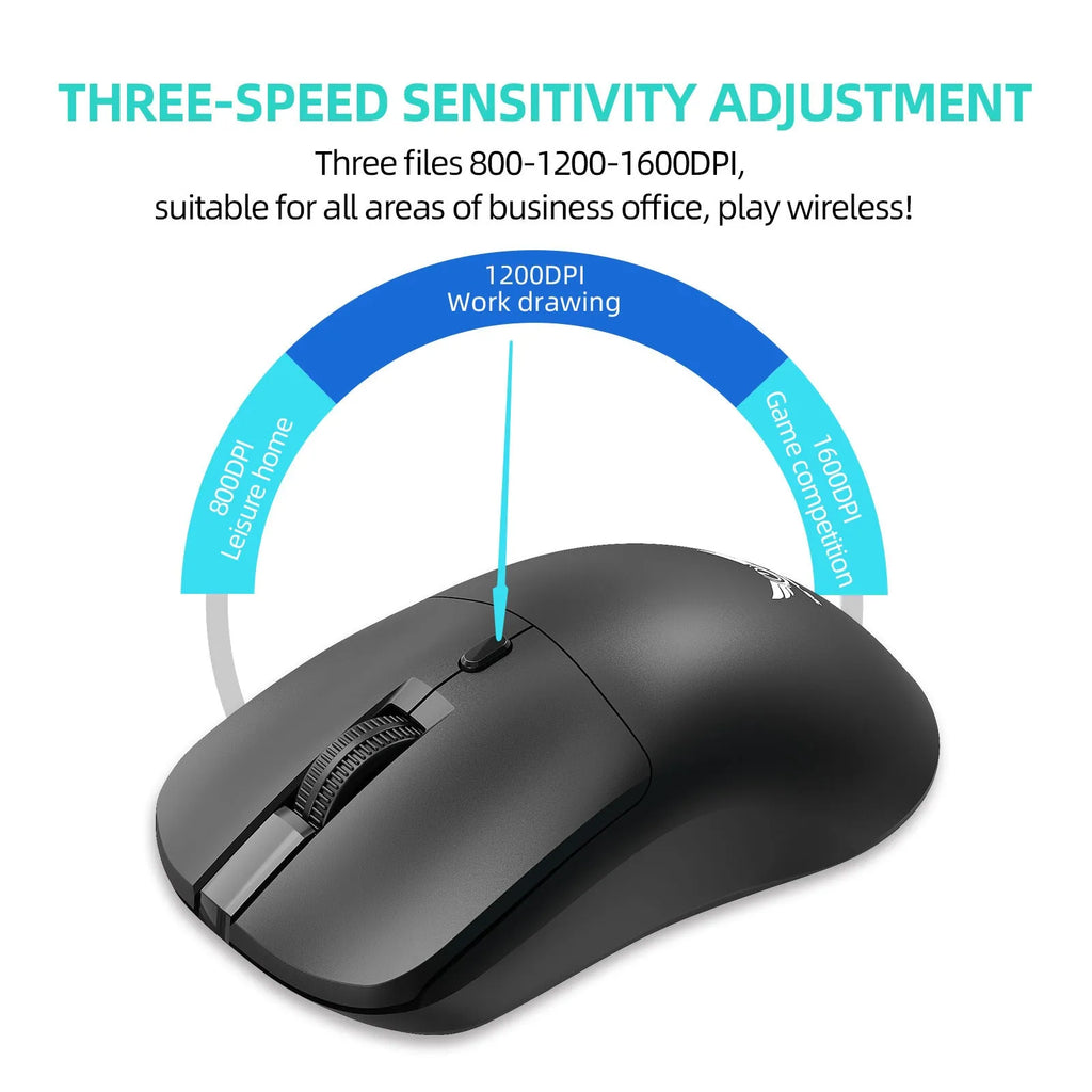 Black wireless computer mouse with three DPI settings and audio control buttons