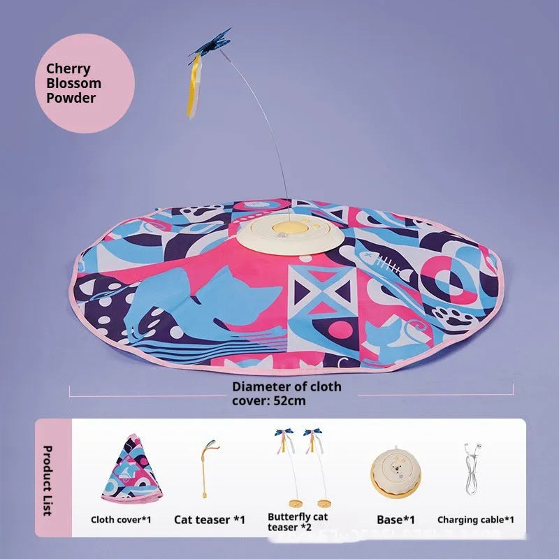 Interactive electric cat toy with USB cable, cloth cover, teaser stick, base, 18.5x18.5x8cm, pink or yellow
