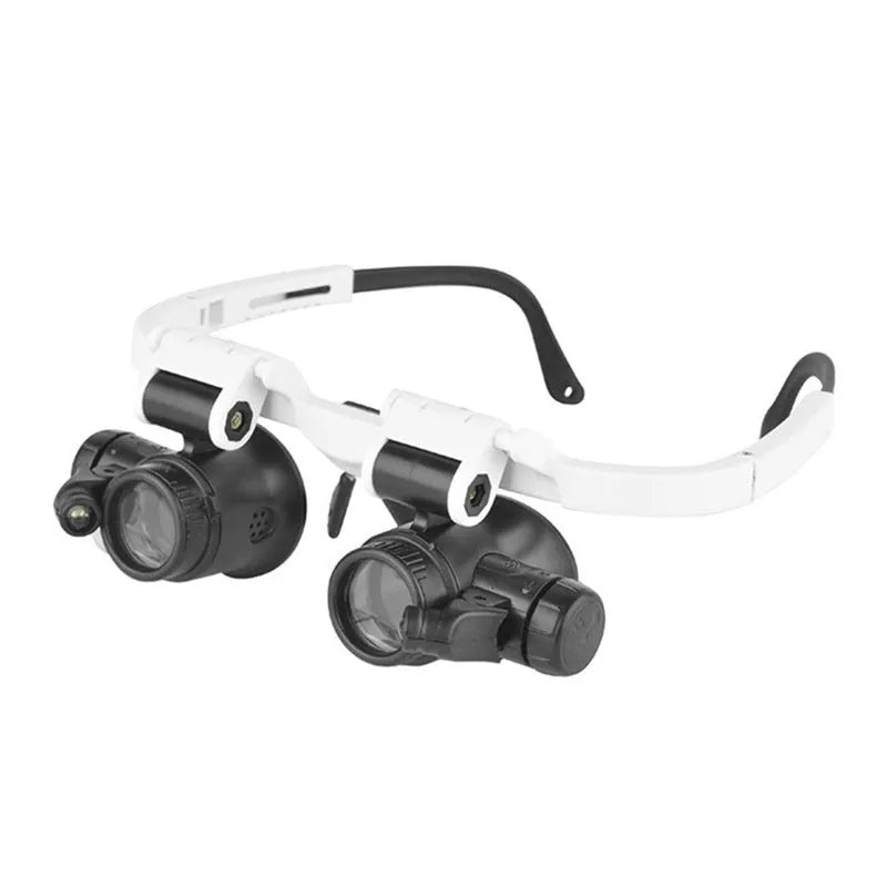White head-mounted magnifying glass with LED light, shown folded and unfolded, for detailed repair work.
