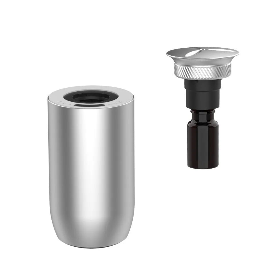 Portable column-shaped aroma diffuser in metal construction with touch button, suitable for cars and small rooms