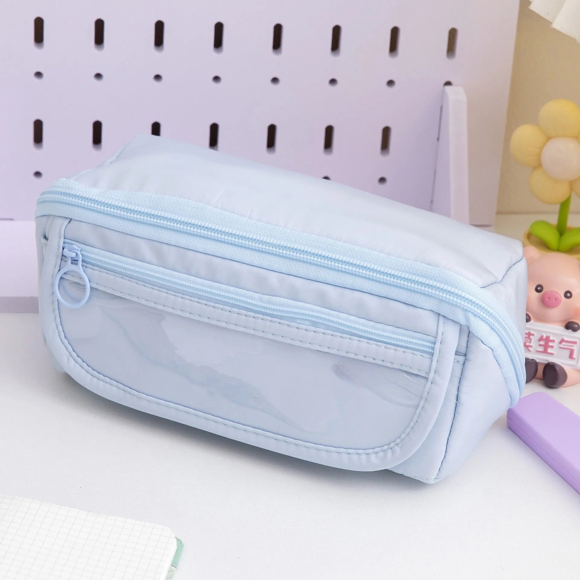 Korean-style ten-layer flip pencil case in canvas, shown in one of six available colours.