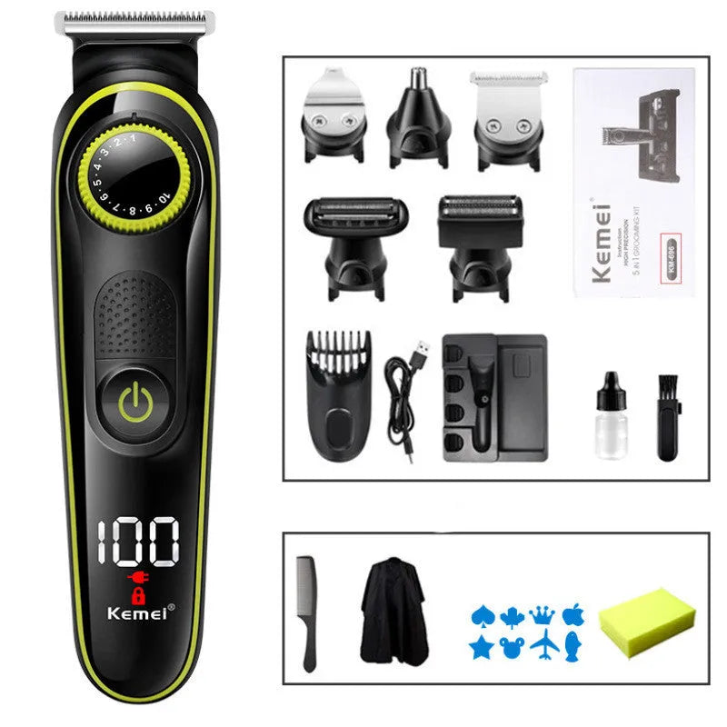 Black KM-696 rechargeable electric hair clipper set with USB cable and stainless steel blades.