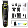 Black KM-696 rechargeable electric hair clipper set with USB cable and stainless steel blades.