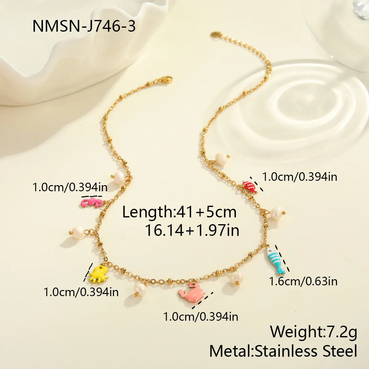 Stainless steel geometric pendant necklace with 18K gold-tone electroplating on a regular chain, model NMSBJ7464