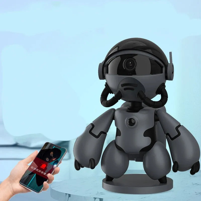 White or black Space Robot home monitoring camera with a wide-angle lens on a detachable base.