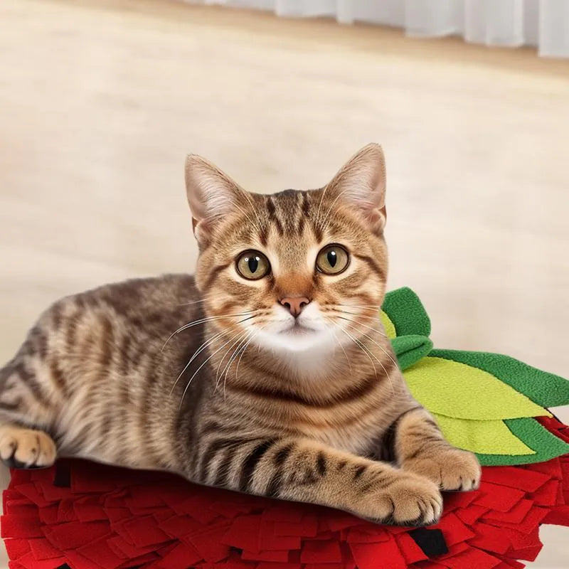 Red strawberry-shaped snuffle mat for dogs and cats as a slow feeder foraging toy.