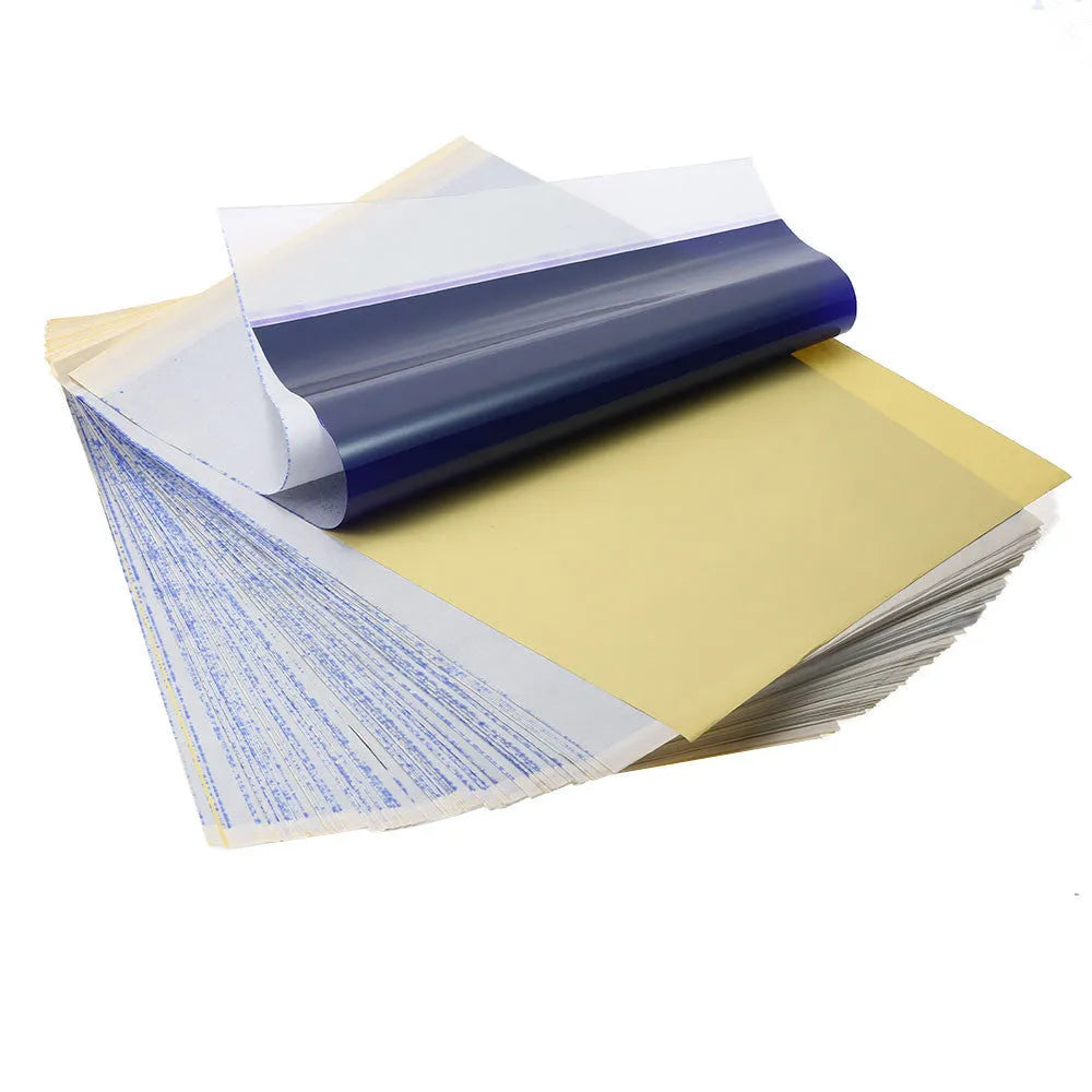 A4 tattoo transfer paper pack showing clear quadruple-copy sheets for hand drawing with transfer paste gel