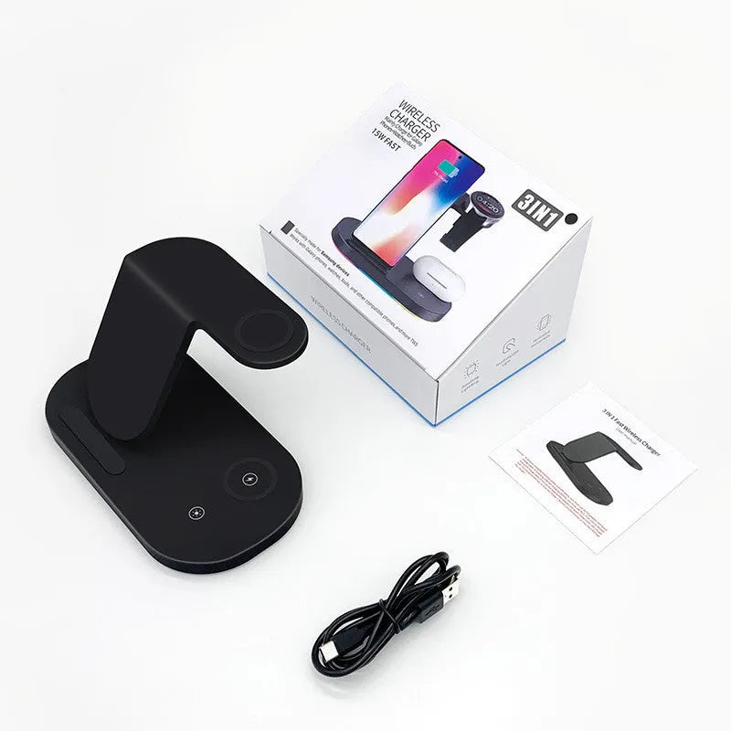 Black and white 15W three-in-one wireless charger with Type-C connector