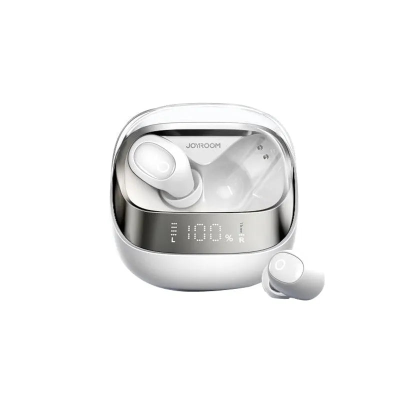 Dawn White wireless in-ear Bluetooth headphones and charging case on a table