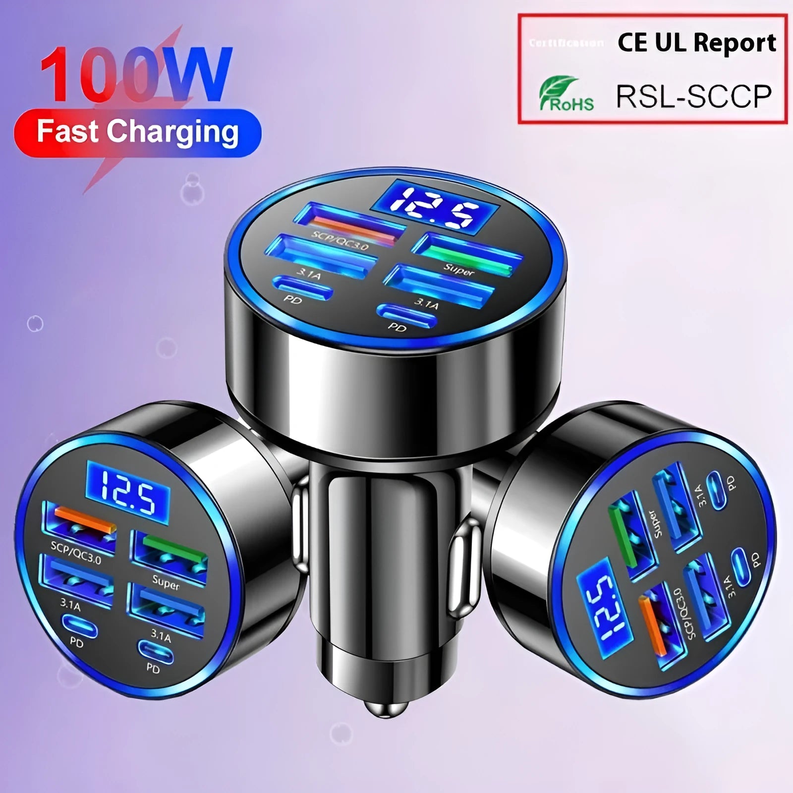 Six-in-one black car charger with 4 USB and 2 PD ports and digital display for cigarette lighter socket