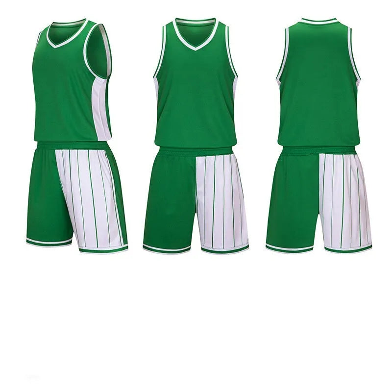 Men's basketball uniform set in quick-dry polyester blend showing top and shorts in one of four available colours.