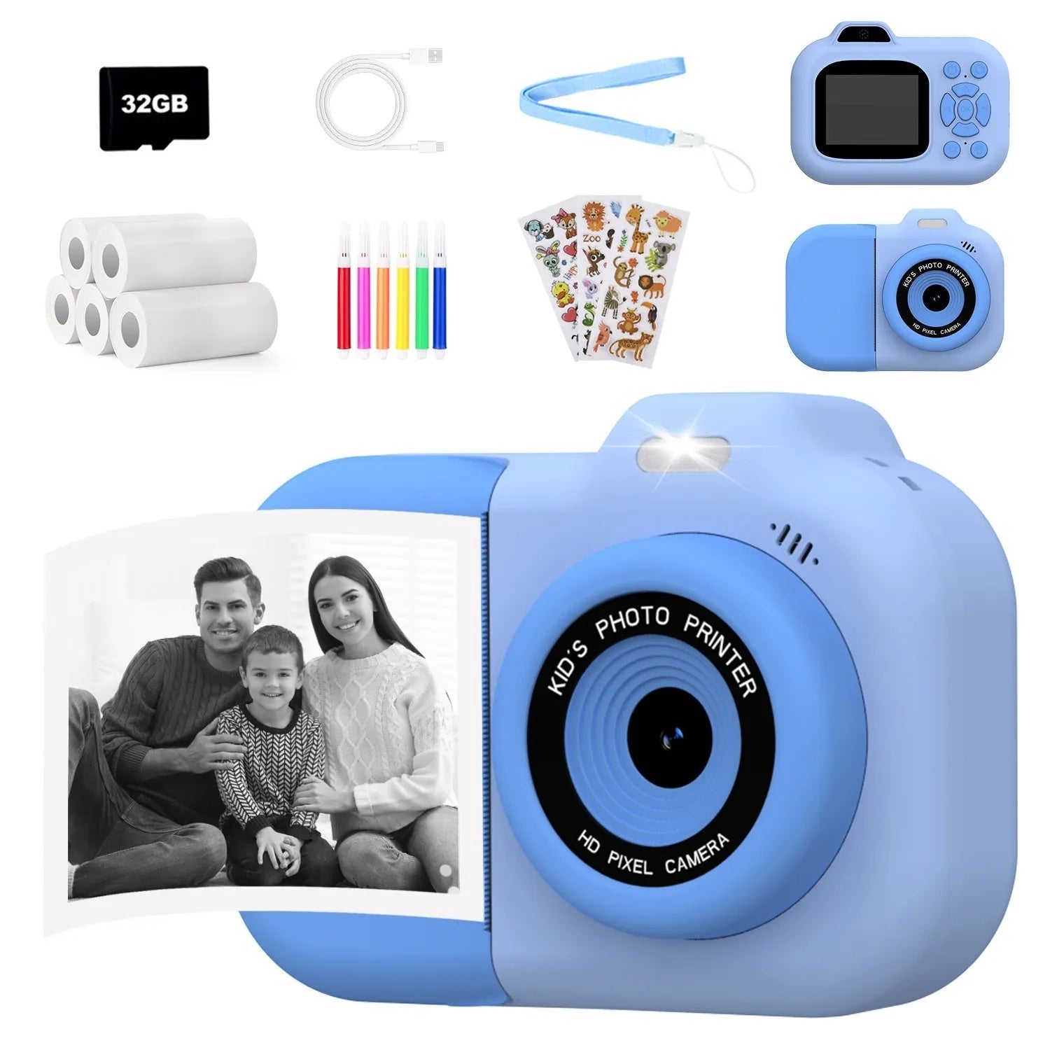 Pink, blue, and purple children's digital camera toy with video recording and photo sticker functions.