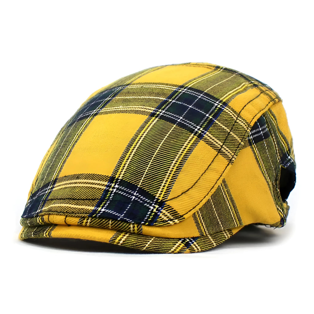 Retro plaid beret unisex peaked cap with curved brim and dome crown, available in red, yellow, and navy blue.