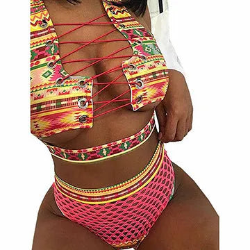Women's multicolour checkered bikini set with cross-strap top and fishnet high-waist shorts