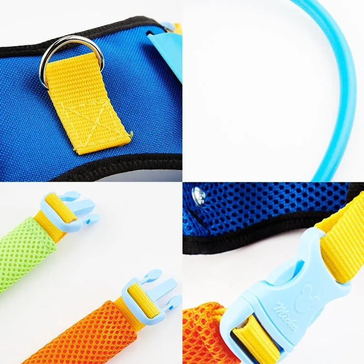 Blue adjustable anti-collision ring for visually impaired dogs, shown in various sizes