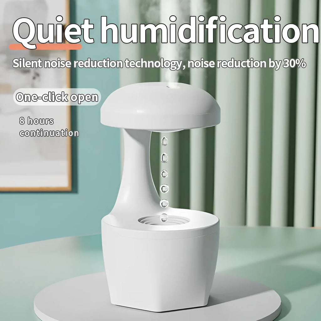 White portable 800ml USB humidifier with anti-gravity cool mist droplet effect for bedroom aromatherapy