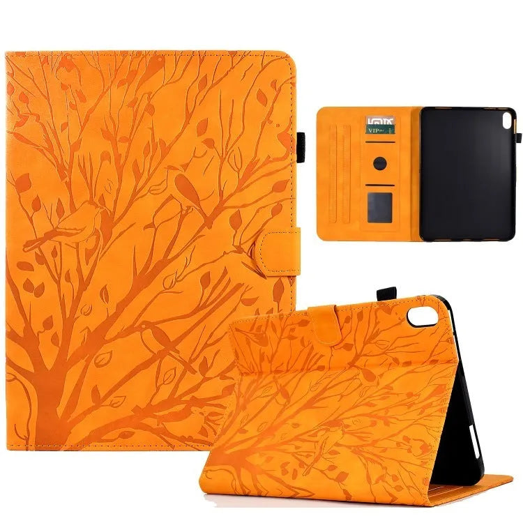 Imitation leather tablet protective case with a folded-out kickstand, shown in khaki colour.